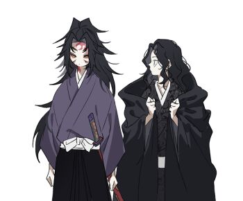1boy 1girl black_hair black_hakama black_kimono closed_mouth colored_sclera cowboy_shot hakama high_ponytail japanese_clothes katana kibutsuji_muzan kibutsuji_muzan_(female) kimetsu_no_yaiba kimono kokushibou long_hair looking_at_another ponytail profile purple_kimono red_eyes red_sclera sal_gun simple_background spiked_hair standing sword wavy_hair weapon white_background yellow_eyes