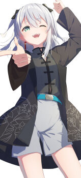 1girl absurdres belt black_bow black_jacket black_shirt blue_belt bow commentary earrings green_eyes grey_hair grey_shorts hair_bow hashtag-only_commentary highres indie_virtual_youtuber jacket jewelry looking_at_viewer nekomugi_tororo noyk_iv one_eye_closed open_clothes open_jacket open_mouth shirt shorts solo tassel tassel_earrings teeth upper_teeth_only virtual_youtuber white_background