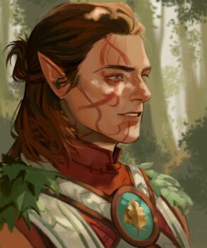 Rule 34 | 1boy, baldur's gate, baldur's gate 3, braid, brown eyes, brown hair, brown shirt, bush, chest belt, collared shirt, dappled sunlight, dungeons & dragons, elf, facial mark, forest, halsin, highres, kdf (nomorelemontea), leaf, light smile, male focus, medium hair, nature, outdoors, plant, pointy ears, shirt, side braid, solo, sunlight, teeth, tree, upper body