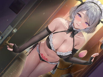 1girl absurdres apron backlighting bat_wings bikini black_gloves blush breasts cleavage collarbone commentary_request demon_wings dutch_angle elbow_gloves feet_out_of_frame fingerless_gloves gloves grey_hair highres large_breasts leaning_forward legs_together looking_at_viewer lower_teeth_only maid maid_bikini maid_headdress navel open_mouth original outdoors plant potted_plant pubic_tattoo purple_eyes sakamuke short_hair side-tie_bikini_bottom smile solo standing swept_bangs swimsuit tail tattoo teeth umbrella unconventional_maid wings wooden_floor