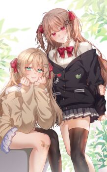 2girls absurdres ahoge asymmetrical_legwear badge bandaid bandaid_on_knee bandaid_on_leg black_cardigan black_skirt black_socks black_thighhighs blue_eyes blue_skirt broken_heart broken_heart_hair_ornament brown_hair button_badge cardigan closed_mouth collared_shirt commentary commission dress_shirt english_commentary evil_neuro-sama evil_neuro-sama_(1st_costume) feet_out_of_frame from_side hair_between_eyes hair_ornament hair_ribbon heart heart_hair_ornament highres leaf long_hair long_sleeves looking_at_viewer miniskirt multiple_girls neuro-sama neuro-sama_(1st_costume) off-shoulder_cardigan pleated_skirt red_eyes red_ribbon ribbon ripp_aa second-party_source shirt siblings single_sock single_thighhigh sisters sitting skirt smile socks standing thighhighs torn_bowtie torn_hair_ribbon twins two_side_up uneven_legwear vedal_ai virtual_youtuber white_shirt yellow_cardigan