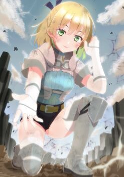 1girl armor armored_boots belt black_shorts blonde_hair blush boots breasts closed_mouth dirty earrings fingerless_gloves full_body gloves green_eyes half_updo heaven_burns_red highres jewelry kamukamu_(benjomeshi_tsuushin) looking_at_viewer nanase_nanami_(heaven_burns_red) on_one_knee outdoors reaching reaching_towards_viewer ruins short_hair short_shorts shorts sky smile solo sweater thigh_boots thighhighs white_gloves white_thighhighs