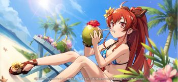 1girl \||/ ahoge artist_request beach bikini blue_bikini blurry blurry_foreground breasts cloud coconut_cup coconut_tree copyright_notice drinking_straw eris_greyrat flower footwear_flower hair_flower hair_ornament hair_ribbon highres long_hair mushoku_tensei mushoku_tensei:_game_ni_nattemo_honki_dasu navel ocean official_art palm_tree pink_flower red_eyes red_flower red_hair ribbon sitting sky solo starfish sun swimsuit table tree yellow_flower