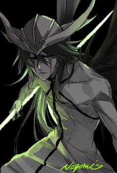 Rule 34 | 1boy, arrancar, artist name, black background, bleach, demon wings, energy spear, energy weapon, expressionless, facial mark, green eyes, hair between eyes, helmet, highres, hishui prpr, holding, holding polearm, holding weapon, hole in chest, hole on body, long hair, looking at viewer, polearm, resurreccion, signature, solo, spear, ulquiorra cifer, weapon, wings