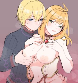 1boy 1girl antenna_hair bare_shoulders black_sweater blush breasts choker chomo_(engawaparty) commentary_request eyelashes fiora_(xenoblade) grabbing_another&#039;s_breast green_eyes groping hair_between_eyes hair_intakes hand_on_another&#039;s_hip hands_on_own_chest heart heart-shaped_pupils hetero looking_at_another medium_breasts navel nipples open_mouth partially_undressed pendant_choker pink_background ribbed_sweater short_hair shulk_(xenoblade) smile sweat sweatdrop sweater symbol-shaped_pupils topless_female upper_body xenoblade_chronicles_(series) xenoblade_chronicles_1