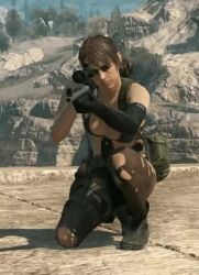 10s 1girl 3d 60fps animated asymmetrical_gloves bag belt bikini black_bikini black_boots black_gloves boots bouncing bouncing_breasts breasts brown_hair cleavage cropped day desert elbow_gloves firing front-tie_bikini_top front-tie_top gloves gun harness holding holding_gun holding_rifle holding_sniper_rifle holding_weapon holster interpolated kneeling konami large_breasts leg_holster long_hair looping_animation metal_gear_(series) metal_gear_solid metal_gear_solid_v:_the_phantom_pain outdoors ponytail quiet_(metal_gear) reloading rifle rock ruins sand satchel scope single_elbow_glove sky sniper_rifle solo swimsuit third-party_edit torn_clothes tree video weapon