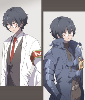 1boy bespectacled black_hair blue_coat closed_mouth coat collared_shirt commentary_request facial_hair glasses hand_in_pocket highres hohenheim_(project_moon) limbus_company looking_ahead male_focus marbornath multiple_views necktie project_moon red_necktie shirt short_hair stubble white_shirt