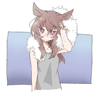Rule 34 | 1girl, animal ears, arm up, beer hsk, blue background, brown hair, closed mouth, commentary request, cropped torso, drying, drying hair, grey tank top, hair between eyes, horse ears, long hair, looking at viewer, nakayama festa (umamusume), purple eyes, solo, tank top, towel, towel around neck, two-tone background, umamusume, upper body, white background