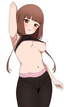 1girl alternate_breast_size armpits black_leggings blush breasts brown_eyes brown_hair coro_fae highres iino_miko kaguya-sama_wa_kokurasetai_~tensai-tachi_no_renai_zunousen~ leggings long_hair looking_at_viewer medium_breasts midriff navel nipple_slip nipples open_mouth presenting_armpit simple_background solo sports_bra sportswear stomach thighs twintails