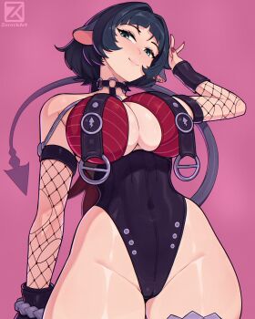 1girl absurdres animal_ears artist_logo artist_name bare_shoulders black_hair black_one-piece_swimsuit blue_eyes blush breast_curtains breasts cameltoe choker cleavage closed_mouth commentary covered_navel cowboy_shot english_commentary fishnet_sleeves fishnets head_tilt highres jane_doe_(nocturne_of_light)_(zenless_zone_zero) jane_doe_(zenless_zone_zero) large_breasts logo long_hair looking_at_viewer mouse_ears mouse_girl mouse_tail multicolored_hair notched_ear o-ring o-ring_choker o-ring_swimsuit official_alternate_costume one-piece_swimsuit purple_background red_hair red_nails red_one-piece_swimsuit sharp_tail smile solo swimsuit tail thighs two-tone_one-piece_swimsuit zenless_zone_zero zerock692