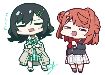 Rule 34 | 2girls, :d, = =, absurdres, black hair, black jacket, blush, bow, bowtie, braid, bun with braided base, cardigan, cardigan around waist, chibi, chibi only, clothes around waist, collared shirt, commentary, dress shirt, fang, flying sweatdrops, green bow, green bowtie, green skirt, grey cardigan, grey socks, gyaru, gyarugasaki, hair bun, hair ornament, hairclip, half updo, highres, jacket, kogal, long sleeves, loose socks, love live!, love live! nijigasaki high school idol club, medium hair, mifune shioriko, multiple girls, nijigasaki school uniform, official alternate costume, oofushi ao, open mouth, orange hair, parallel hairclips, plaid bow, plaid bowtie, plaid clothes, pleated skirt, rectangular mouth, red bow, red bowtie, school uniform, shirt, single side bun, skirt, smile, socks, standing, uehara ayumu, wavy hair, white shirt, white skirt, white socks