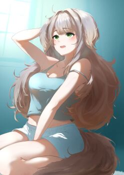 1girl absurdres animal_ears arm_between_legs blonde_hair blush breasts casual cleavage dog_ears dog_girl dog_tail drooling green_eyes hand_on_own_head highres large_breasts long_hair messy_hair midriff nijisanji open_mouth seiza shioriha_ruri sitting solo spaghetti_strap strap_slip tail virtual_youtuber yamaotoko