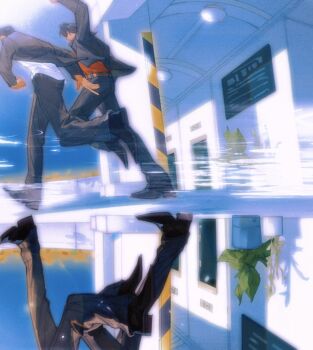 Rule 34 | 2boys, aged down, black hair, black jacket, black pants, casual, commentary request, highres, jacket, kiryu kazuma, male focus, multiple boys, nibbles488402, nishikiyama akira, pants, plant, potted plant, puddle, reflection, running, ryuu ga gotoku (series), ryuu ga gotoku 0, school uniform