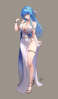 1girl absurdres armlet breasts cocktail_dress diamond_earrings dress earrings evening_gown folded_fan folding_fan full_body goddess_of_victory:_nikke gold_choker hand_fan helm_(chandelier)_(nikke) helm_(nikke) highres jewelry official_alternate_costume pearl_hairband sagle satin_dress silver_dress solo thighlet