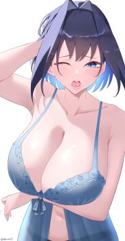 Rule 34 | 1girl, absurdres, alternate costume, arm under breasts, arm up, babydoll, blue babydoll, blue eyes, blue hair, blush, breasts, cleavage, colored inner hair, highres, hololive, hololive english, huge breasts, mahiruuu, multicolored hair, one eye closed, open mouth, ouro kronii, short hair, solo, virtual youtuber, white background