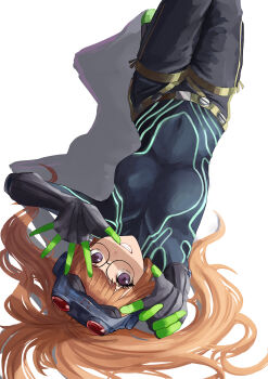 1girl absurdres blunt_bangs elbow_gloves from_above gloves goggles goggles_on_head green_gloves hair_spread_out highres long_hair nemo_ringo oracle_(persona_5) orange_hair persona persona_5 purple_eyes sakura_futaba simple_background skin_tight smile