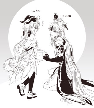2girls ahoge bare_shoulders bodysuit brown_theme china_dress chinese_clothes detached_sleeves dress elbow_gloves eulyin_huan ganyu_(genshin_impact) genshin_impact gloves goat_horns hair_ornament hair_tassel hairpin holding_hands horns kneeling level_difference long_hair monochrome multiple_girls ningguang_(genshin_impact) parted_bangs sidelocks tassel tassel_hair_ornament very_long_hair