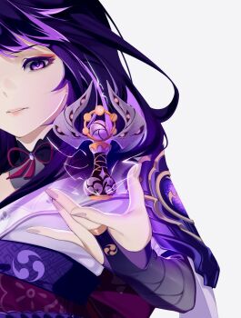 1girl armor blunt_bangs bridal_gauntlets close-up electricity eyeliner floating genshin_impact glowing gnosis_(genshin_impact) grey_background head_tilt highres japanese_clothes kimono looking_at_viewer makeup mitsudomoe_(shape) multicolored_hair neck_ribbon noneymiltenz out_of_frame parted_lips pink_lips purple_eyes purple_hair purple_kimono purple_nails raiden_shogun red_eyeliner red_ribbon red_sash ribbon sash shoulder_armor solo statue statue_of_the_seven streaked_hair tomoe_(symbol) unfinished upper_body wide_sleeves wings