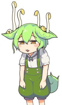1girl :3 animal_ears bean_sprout blush_stickers commentary_request double-parted_bangs edamame feet_out_of_frame flat_color furrowed_brow green_hair green_shorts growth half-closed_eyes highres no_nose omutsu_(ncdenciiuvhch) open_mouth puffy_short_sleeves puffy_sleeves shirt short_sleeves shorts solo soybean standing suspender_shorts suspenders transparent_background voiceroid voicevox white_shirt yellow_eyes zundamon