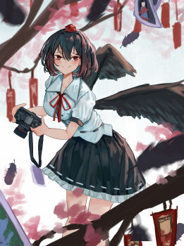 1girl absurdres black_hair black_skirt black_wings branch camera commentary feathered_wings frilled_skirt frills hat highres holding holding_camera neck_ribbon puffy_short_sleeves puffy_sleeves red_eyes red_hat red_ribbon ribbon shameimaru_aya shirt short_hair short_sleeves skirt smug solo tengu tokin_hat touhou vanilla_flan white_shirt wings