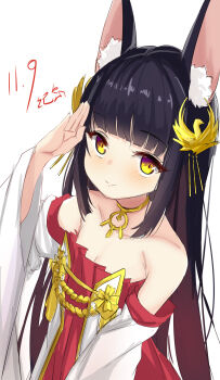 1girl absurdres animal_ear_fluff animal_ears azur_lane bare_shoulders bird_hair_ornament black_hair breasts chinese_commentary closed_mouth dated detached_sleeves dress fox_ears fox_girl hair_ornament hamiro highres jewelry long_hair long_sleeves nagato_(azur_lane) necklace pleated_dress red_dress salute small_breasts smile solo upper_body very_long_hair white_background yellow_eyes