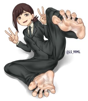 1girl barefoot black_necktie brown_hair chainsaw_man collared_shirt commentary_request feet foot_focus hair_ornament hairclip higashiyama_kobeni mole mole_on_cheek mole_under_eye mole_under_mouth multiple_moles necktie open_mouth ponytail shirt short_hair short_ponytail simple_background single_sidelock soles solo spread_toes toes tsukimaru_(ls_99ml) v white_background white_shirt