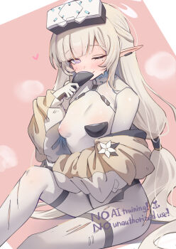 Rule 34 | 1girl, adhesive bra, aianchor, blue archive, blush, bodysuit, border, bra, breasts, brown jacket, closed mouth, commentary request, covering own mouth, earclip, elf, english text, feet out of frame, flower, grey hair, halo, head-mounted display, heart, highres, himari (armed) (blue archive), himari (blue archive), impossible bodysuit, impossible clothes, irregular border, jacket, jacket partially removed, long hair, looking at viewer, mole, mole under eye, nipples, official alternate costume, one eye closed, pink background, pointy ears, purple eyes, see-through bodysuit, see-through clothes, sitting, small breasts, small sweatdrop, smile, solo, steaming body, sweat, torn bodysuit, torn clothes, underwear, very long hair, watermark, white bodysuit, white border, white flower, white halo