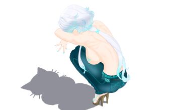 1girl abs absurdres breast_tattoo cat cat_shadow_puppet_(meme) denim feet high_heels highres jeans meme muscular muscular_female nipple_piercing nipples non-web_source original pants piercing short_hair solo tattoo topless_female