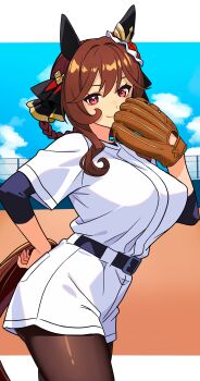 1girl absurdres alternate_costume animal_ears baseball_glove belt belt_buckle black_belt black_pantyhose blue_sky border braid braided_hair_rings breasts brown_hair buckle closed_mouth cloud cloudy_sky commentary_request cowboy_shot ear_covers ear_ornament gentildonna_(umamusume) hair_between_eyes hair_intakes hair_rings hand_on_own_hip heart_ear_ornament highres horse_ears horse_girl horse_tail large_breasts letterboxed looking_at_viewer outside_border pantyhose red_eyes reibun_(raven1119) shirt short_shorts short_sleeves shorts sidelocks sky smile solo tail umamusume white_border white_shirt white_shorts