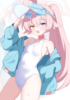 Rule 34 | 1girl, absurdres, adachi (ttriwk), ahoge, alternate costume, aqua jacket, blue archive, breasts, clothing cutout, commentary, cosplay, covered navel, cowboy shot, diamond cutout, eyewear on head, fang, groin, halo, heterochromia, high ponytail, highres, hoshino (blue archive), jacket, jacket partially removed, long hair, one-piece swimsuit, open mouth, pink hair, pink halo, ponytail, seia (blue archive), seia (blue archive) (cosplay), seia (swimsuit) (blue archive), skin fang, small breasts, swimsuit, thighs, visor cap, white one-piece swimsuit