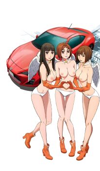 3girls absurdres angel_wings ass breast_press breasts breasts_squeezed_together car collar elbow_gloves gloves highres kurihara_kyoko makeup medium_breasts mf_ghost motor_vehicle multiple_girls nipples nude nude_filter panties race_queen saionji_ren sato_mami solo third-party_edit topless_female toyota toyota_86 underwear wings