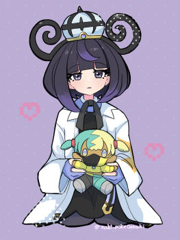 1girl black_dress black_hair black_pantyhose blue_gloves blunt_bangs blush bob_cut canari_(pokemon) canari_plush_(pokemon) character_doll coat commentary_request doll dress eyelashes gloves gradient_hair gwynn_(pokemon) hat heart highres holding holding_doll long_sleeves looking_at_viewer multicolored_hair nintendo open_clothes open_coat pantyhose parted_lips partially_fingerless_gloves pokemon pokemon_legends:_z-a purple_eyes purple_hair saki_pokeoekaki short_hair sitting solo stuffed_toy wariza white_coat