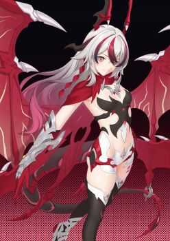 1girl absurdres armor bikini_armor black_thighhighs breasts chinese_commentary commentary_request coralie_6626_planck coralie_6626_planck_(behold!_fate-defying_dragon) dragon_girl dragon_horns dragon_tail gradient_background highres honkai_(series) honkai_impact_3rd horns long_hair midriff multicolored_hair navel orange_hair red_hair red_horns sasaki3rd small_breasts solo streaked_hair tail thighhighs thighs two-tone_hair very_long_hair white_hair