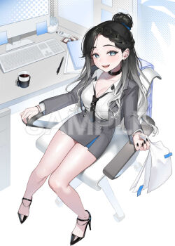 1girl black_hair black_jacket black_nails black_necktie black_skirt blue_eyes blush braid braided_bangs breasts chair chico_haine cleavage coffee collared_shirt commentary_request computer desk earrings full_body grey_hair hair_bun high_heels highres indie_virtual_youtuber jacket jewelry large_breasts long_hair long_sleeves looking_at_viewer mayuri_kaichou multicolored_hair nail_polish necktie on_chair open_clothes open_jacket open_mouth pen sample_watermark shirt single_hair_bun sitting skirt smile solo virtual_youtuber watermark white_shirt