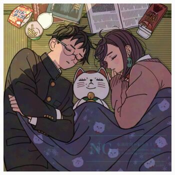 1boy 2girls ayase_momo black_hair black_jacket blush book brown_hair cat closed_eyes commentary dandadan earrings food food_on_face from_above gakuran glasses jacket jewelry k_ysd001 kami_high_school_uniform long_sleeves lying magazine_(object) maneki-neko medium_hair multiple_girls on_back on_side open_book parted_lips pink_sweater round_eyewear school_uniform shared_blanket shirt shirt_under_sweater short_hair sleeping sleeves_past_wrists sweater symbol-only_commentary takakura_ken_(dandadan) turbo_granny_(dandadan) under_covers upper_body white_shirt