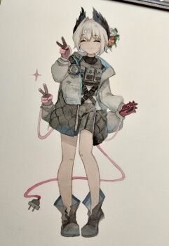 1girl ^_^ ankle_boots arknights black_boots black_gloves black_jacket black_shorts boots chinese_commentary closed_eyes closed_mouth commentary_request double_v electric_plug electric_plug_tail extra_arms facing_viewer full_body gloves grey_hair highres interlocked_fingers jacket long_sleeves open_clothes open_jacket own_hands_together photo_(medium) pink_gloves pouch raidian_(arknights) red_gloves shi_yue_jiazai_zhong short_hair shorts smile solo sparkle split_mouth standing strap tail traditional_media v