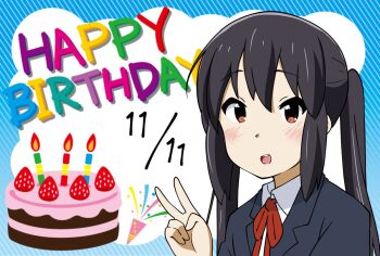 1girl birthday_cake birthday_candle black_hair blush brown_hair cake candle confetti dated dessert dot_nose english_text feet_out_of_frame female_focus food fruit hair_between_eyes happy jacket k-on! long_hair long_sleeves looking_at_viewer nakano_azusa o_denyarou sakuragaoka_high_school_uniform school_uniform shirt solo standing strawberry teeth v white_shirt