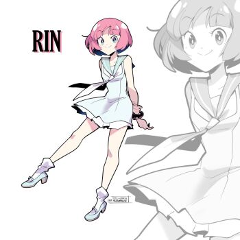 1boy arm_behind_back artist_name blue_dress blue_serafuku blue_shoes bob_cut bracelet catherine:_full_body catherine_(game) character_name cheesecakes_by_lynx crossdressing crossdressing_(mtf) dress frilled_dress frills green_eyes jewelry mary_janes necktie pink_hair rin_(catherine) school_uniform serafuku shoes short_dress short_hair smile socks solo trap white_background white_necktie white_socks