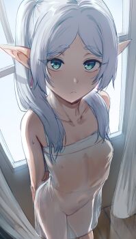 1girl :&lt; absurdres arms_behind_back backlighting bare_shoulders breasts collarbone covered_erect_nipples cowboy_shot curtains dress earrings elf floating_earrings frieren from_above green_eyes hair_over_shoulder hews highres holding_own_arm jewelry looking_at_viewer muntins navel nipples parted_bangs pointy_ears short_eyebrows small_breasts solo sousou_no_frieren standing strapless strapless_dress thick_eyebrows thighs twintails white_dress white_hair window wooden_floor