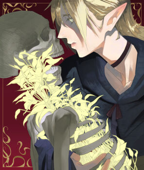 black_choker blonde_hair blue_capelet bone border capelet choker dungeon_meshi elf falin_touden flower highres hood hooded_capelet lily_(flower) long_hair long_neck looking_at_another marcille_donato neck_ribbon ornate_border osevenmo pointy_ears ribbon robe skeleton skull