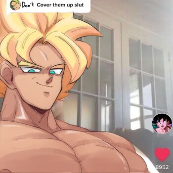 1boy bara broly_(dragon_ball_z) commentary cover_them_up_slut_(meme) dialogue_box dragon_ball dragonball_z english_commentary english_text flexing_pectorals large_pectorals looking_at_viewer male_focus meme muscular muscular_male nipples nude pectorals photo_background portrait sake_(sak3_xml) sanpaku short_hair smirk solo son_goku spiked_hair super_saiyan super_saiyan_1 thick_eyebrows user_interface