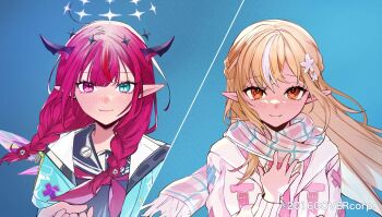 2girls aqua_jacket blonde_hair blue_background blue_eyes blue_shirt braid center-flap_bangs closed_mouth commentary_request copyright_notice crystal_wings double-parted_bangs double_halo elf flower hair_between_eyes hair_flower hair_ornament hair_over_shoulder half_up_braid halo hand_up heterochromia highres hololive hololive_english horns irys_(gaming_casual)_(hololive) irys_(hololive) jacket long_hair low_twin_braids maronrice multicolored_hair multiple_girls neckerchief necktie official_alternate_costume official_alternate_hairstyle official_art orange_eyes pink_jacket pink_necktie pink_scarf pink_shirt pointy_ears purple_eyes red_hair red_neckerchief sailor_collar sailor_shirt scarf shiranui_flare shiranui_flare_(hoodie) shirt sidelocks simple_background smile split_screen star-shaped_pupils star_(symbol) star_halo streaked_hair symbol-shaped_pupils twin_braids upper_body virtual_youtuber white_hair wings wispy_bangs