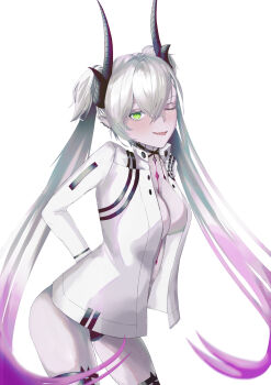 1girl absurdres arms_behind_back black_hands black_panties body_markings breasts choker cleavage colored_extremities cosplay crossed_bangs demon_girl demon_horns ear_piercing fate/grand_order fate_(series) fujimaru_ritsuka_(male) fujimaru_ritsuka_(male)_(cosplay) fujimaru_ritsuka_(male)_(decisive_battle_chaldea_uniform) green_eyes grey_hair hair_between_eyes highres horns jacket lilith_(fate) long_hair long_sleeves looking_at_viewer medium_breasts nosferatu311 one_eye_closed panties piercing pointy_ears smile solo thighs twintails underwear very_long_hair white_jacket