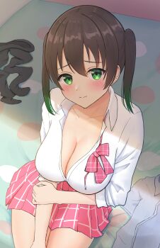 1girl absurdres bed_sheet black_hair breasts cleavage closed_mouth collarbone collared_shirt commentary_request gradient_hair green_eyes green_hair gyarugasaki hair_between_eyes highres large_breasts looking_at_viewer love_live! love_live!_nijigasaki_high_school_idol_club multicolored_hair on_bed panaham pink_skirt school_uniform shirt sidelocks sitting skirt sleeves_rolled_up solo takasaki_yu twintails two-tone_hair unworn_shirt white_shirt