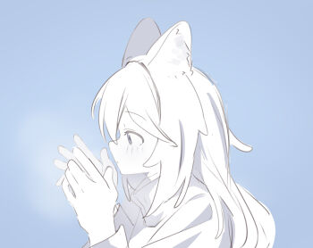 Rule 34 | 1girl, :o, absurdres, animal ear fluff, animal ears, blue background, blush, breathing on hands, commentary request, from side, grey eyes, hands up, highres, long hair, long sleeves, original, parted lips, profile, riya (01214), simple background, solo, sweater, turtleneck, turtleneck sweater