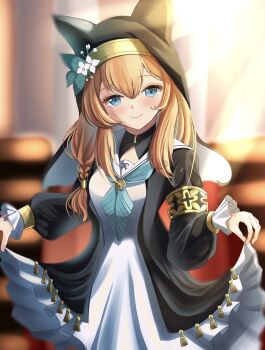 1girl absurdres animal_ears azuma_(sospower73) black_jacket black_veil blue_archive blue_eyes blue_neckerchief blush closed_mouth clothes_lift commentary dress halo highres jacket long_hair looking_at_viewer mari_(blue_archive) neckerchief nun open_clothes open_jacket orange_hair sailor_collar skirt skirt_lift smile solo veil white_dress white_sailor_collar yellow_halo