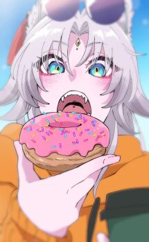 alternate_costume animal_ear_fluff animal_ear_piercing animal_ears ayunyan_pere cup donut drinking_glass eyeliner fangs feixiao_(honkai:_star_rail) food forehead_jewel fox_ears fox_girl holding holding_cup holding_donut holding_food honkai:_star_rail honkai_(series) hood hoodie makeup multicolored_eyes orange_hoodie parted_bangs red_eyeliner white_hair