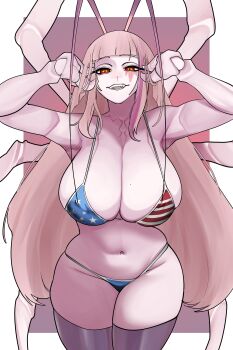 1girl absurdres american_flag american_flag_bikini american_flag_print antennae arthropod_girl bikini breasts brothbowl cockroach_girl commentary english_commentary facial_mark flag_print flag_print_bikini highres huge_breasts indie_virtual_youtuber large_breasts long_hair looking_at_viewer matara_kan mature_female mole mole_on_breast monster_girl multicolored_hair navel open_mouth pink_hair print_bikini red_eyes smile solo streaked_hair swimsuit thick_thighs thighs very_long_hair virtual_youtuber wide_hips