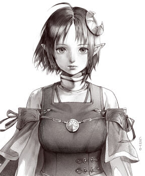 1girl ahoge breasts commentary conto corset crescent crescent_hair_ornament english_commentary expressionless greyscale hair_ornament highres looking_at_viewer medium_breasts monochrome pointy_ears realistic rena_lanford short_hair simple_background star_ocean star_ocean:_the_second_story upper_body white_background