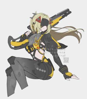 1girl absurdres ammunition_pouch black_pants black_shrug blindfold_mask blonde_hair camouflage camouflage_jacket camouflage_pants covered_eyes fingerless_gloves gloves glowing_mask gun gunblade hair_ornament harness highres jacket latex_pants long_hair looking_back looking_to_the_side mask merry-san pants ponytail pouch qr_code rifle shrug_(clothing) sitting smile sniper_rifle solo tight_clothes tight_pants triangle_hair_ornament trigger_(zenless_zone_zero) weapon white_background zenless_zone_zero zipper_pull_tab